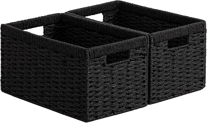 joybest Black Wicker Baskets, Woven Paper Rope Storage Baskets for Organizing, Foldable Rectangular Bin with Handles for Pantry, 13.4L x 8.3W x 7.1H inch, 2-pack