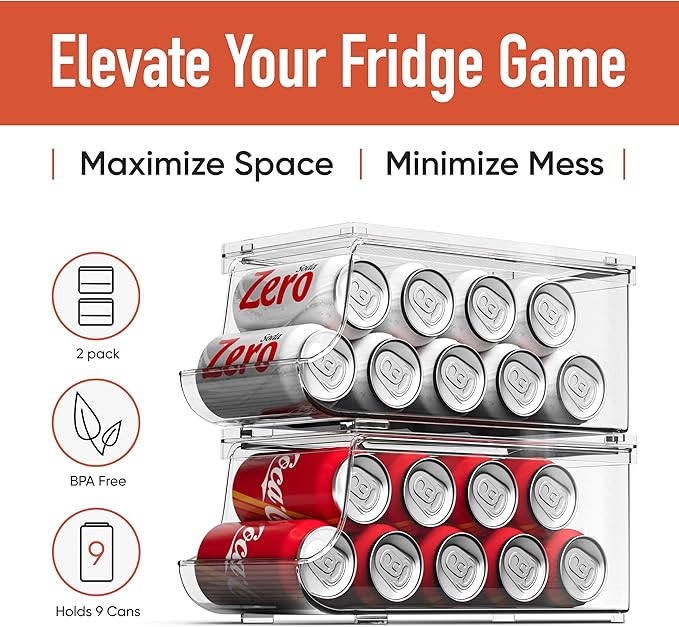 Cabinize Set of 2 Stackable Drink Can Organizer for Fridge, Freezer, Kitchen, Countertops, Cabinets - Soft Drink Holder for Refrigerator with Lid, Soda Can Dispenser, BPA Free, Holds 9 Cans Each