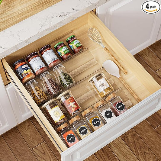 4-Pack Adjustable Spice Rack Organizer for Drawer, Expandable Seasoning Storage (13" to 26") with Anti-Slip Mat, Acrylic Tiered Spice Tray for Condiment, Nail Polish and Jar Organization
