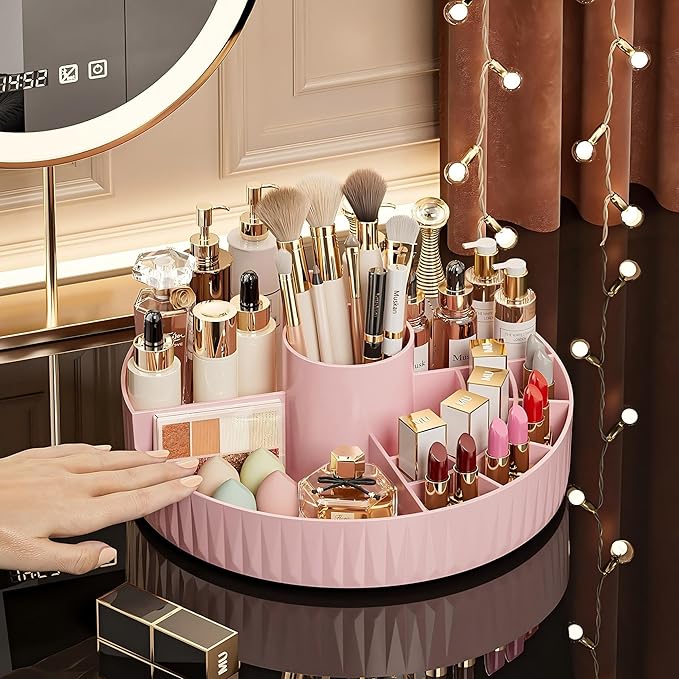 360° Rotate Makeup Organizer, Countertop Skincare Organizer, Large Capacity Multi-Compartment Makeup Brush Lipstick Skincare Organizer, Cosmetic Storage for Dresser Vanity & Bathroom (Pink)