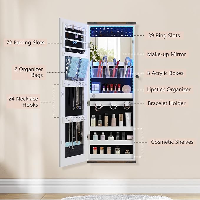 43.5" Over the Door Jewelry Organizer, Mirror with Storage and Lockable, Full Length Mirror Cabinet with Hanging Holder & Built-in Lights Makeup Mirror, Women/Girls (Elegant White)