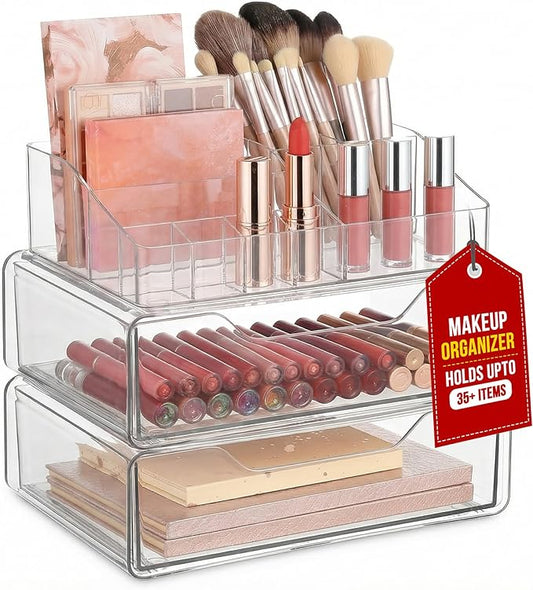 Masirs Clear Makeup Organizer - Acrylic Cosmetic Vanity Storage Organizers for Girls Dresser, Bathroom, Desk Counter - Plastic Make Up Holder, Jewelry Box (2-Drawer | Multi Compartments)