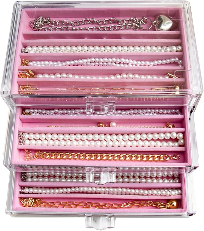 Necklace Holder Organizer, Dustproof Necklace Box Velvet Necklace Organizer Box with Lid Clear Acrylic Dustproof Stackable Jewelry Displays for Necklaces Chain Display (Pink, 3 Drawer)