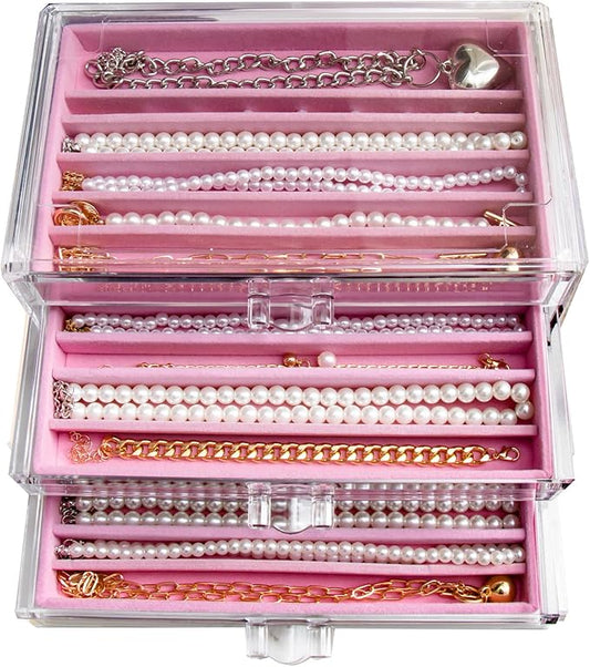Necklace Holder Organizer, Dustproof Necklace Box Velvet Necklace Organizer Box with Lid Clear Acrylic Dustproof Stackable Jewelry Displays for Necklaces Chain Display (Pink, 3 Drawer)