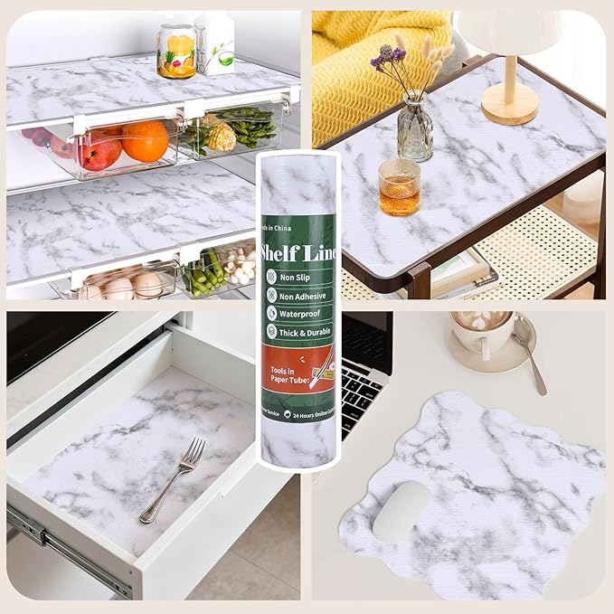 Shelf Liners for Kitchen Cabinets 17in x 20FT, Non Adhesive Drawer Liner Marble Pattern Thickened Shelf Liner Non-Slip Easy to Clean for Tool Box Refrigerator with Knife and Tape Measure