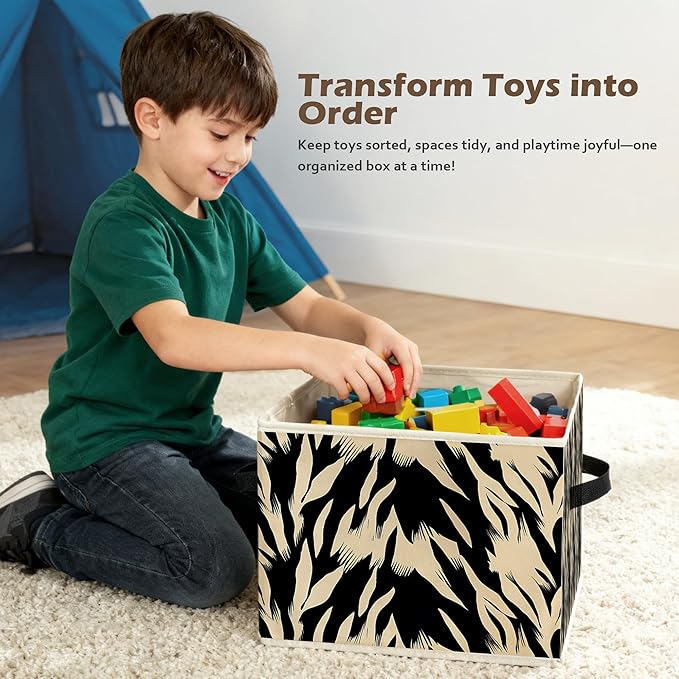 Black and Beige Abstract Storage Box Bins, Boho Modern Abstract Zebra Striped Collapsible Storage Basket Organizer for Bedroom Laundry Room Home Clothes Toys Books, Toybox for Kids