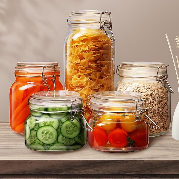 Square Glass Jars with Airtight Lid Set of 3, 50 floz Wide Mouth Mason Jars with Clamp Lids,Glass Sealed Jars with Air Tight Lids, Best for Kitchen & Pantry Food Storage