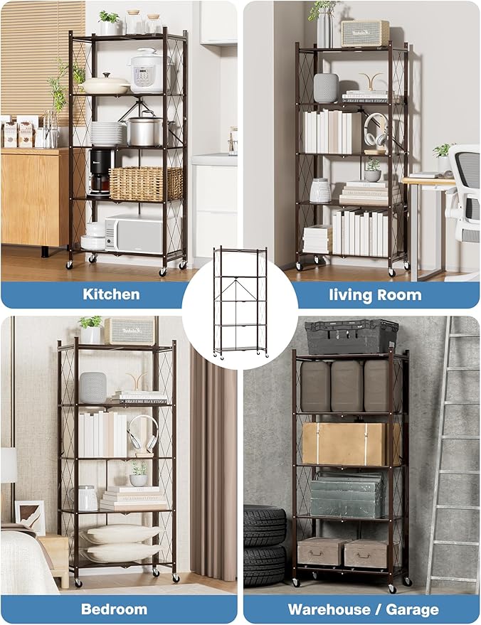 ALANNG 70.7" H Metal Storage Shelves, 5 Tier Folding Shelf on Wheels, Heavy Duty, No Assembly, Rolling, Collapsible Rack Unit for Kitchen, Basement, Pantry (Vintage Brown,1 Pack)