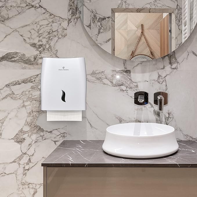 Touchless White Paper Towel Dispenser by Oasis Creations-Wall Mount Hanging Hand Towel Holder- Hands Free-500 Multifold Tissues-Bathroom & Kitchen Accessories-Key Lock Feature-Restaurant & Office