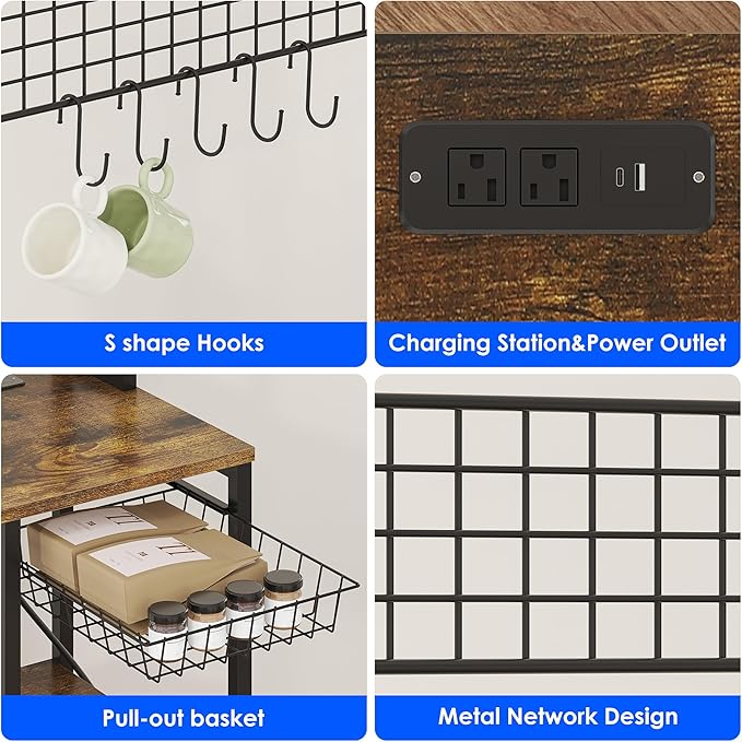 Mini Fridge Stand with Storage, Microwave and Coffee Bar Organizer with Power Outlet, Bakers Rack Storage Shelves for Kitchen Appliances, Perfect for Dorm Kitchen Coffee Bar, Vintage Brown