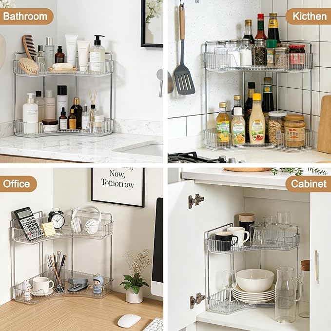Corner Bathroom Counter Organizer, Vanity Organizer - Countertop Corner Shelf for Makeup Storage,Spice Racks for Kitchen Corner (Clear, 2-Tier)