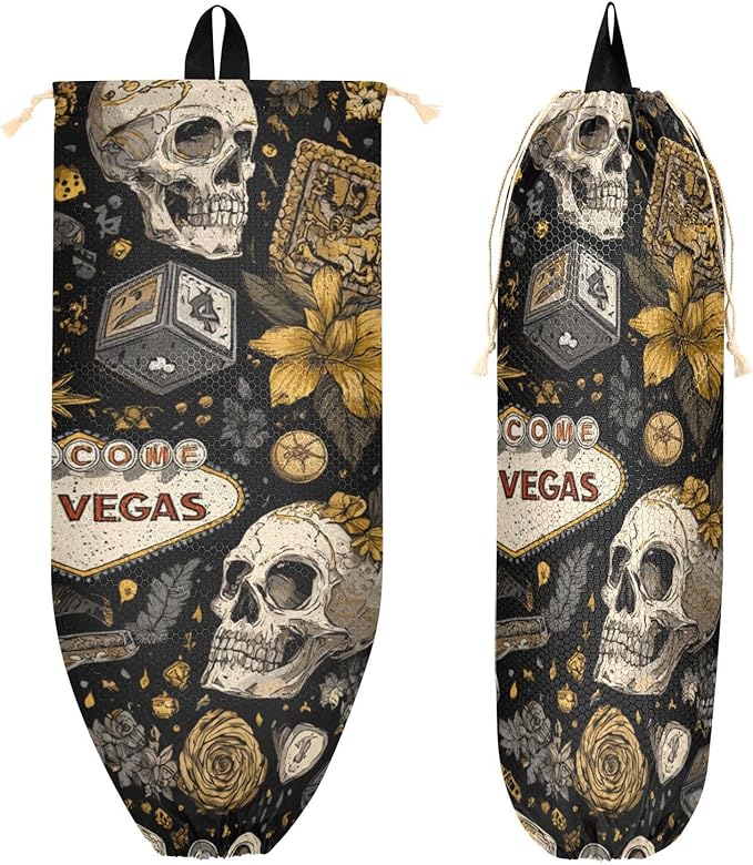 Plastic Bag Holder Wall Mount Grocery Bag Shopping Bag Storage Holder Organizer Dispenser with Adhesive Hook,for Kitchen Bathroom Home Decor 9x22 Inches Vintage Gold Pirate Skulls Flowers Dice15