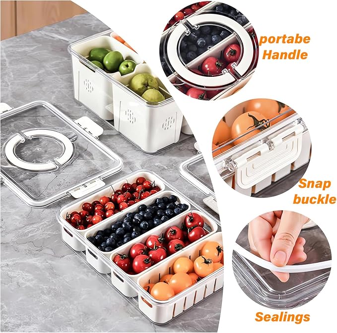 YFUIF Portable Fruit Storage Containers for Fridge, 4 Compartments Snack Box Container, BPA-Free Divided Serving Tray with Lid for Veggie, Clear Snack Tray Candy Tray