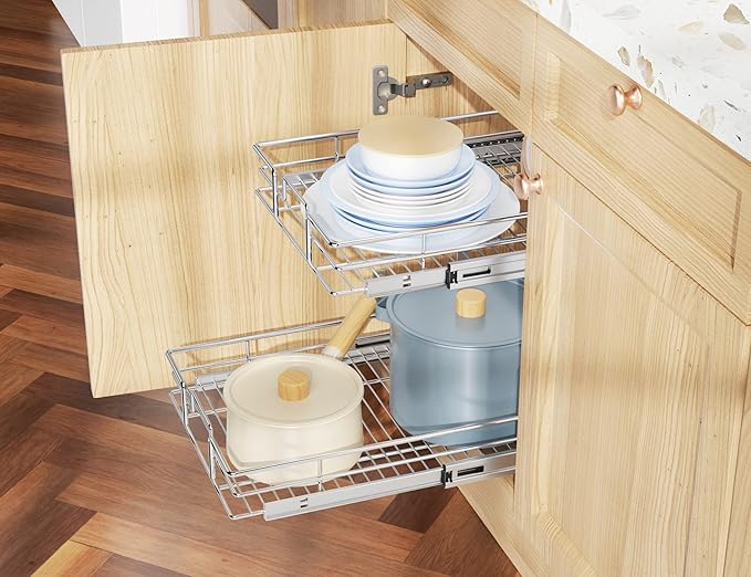 LOVMOR Individual Pull Out Cabinet Organizer, 2 Tier Cabinet Drawers Slide Out, Pots and Pans Organizer and Storage Pantry Shelf for Kitchen (14" W x 21" D)