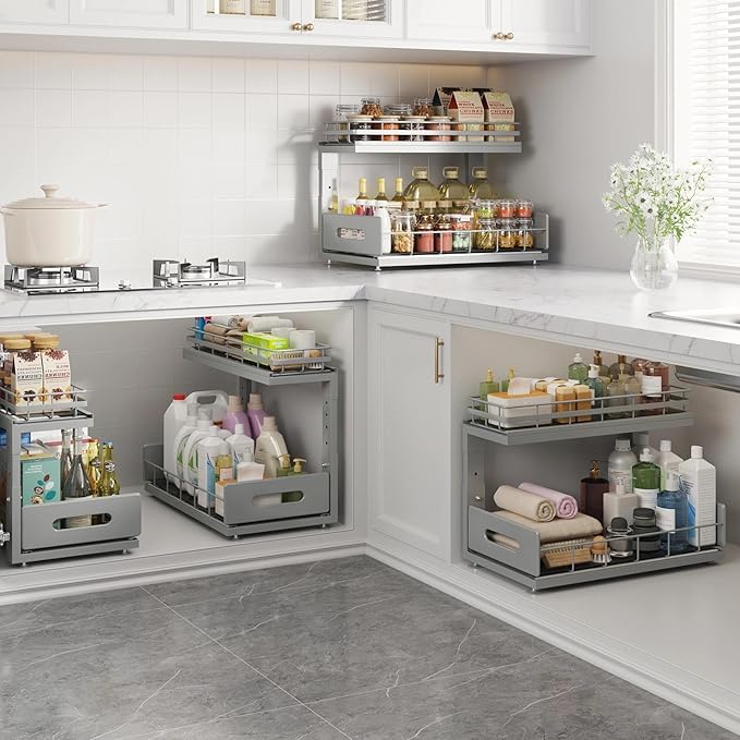 2 Pack 16.7 IN Depth Under Sink Organizer with Smooth Ball Bearing Slides,2-Tier Pull Out Cabinet Storage,Slide Out Drawers for Bathroom&Kitchen,Rust-resistant Coating,Height Adjustable-Gun Gray