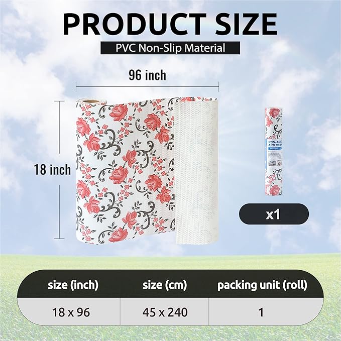 FIFTY FEET 18X96 Inch Shelf Liner for Kitchen Cabinets, PVC Drawer Liner for Dresser Non-Slip Bathroom, Non-Adhesive Cabinet Liner Washable (Red Floral)(1 Roll)