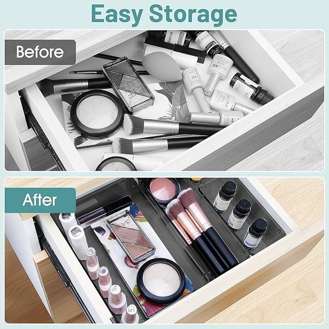 WOWBOX 6 PCS Clear Plastic Drawer Organizer Set, Desk Drawer Divider Organizers and Storage Bins for Makeup, Jewelry, Gadgets for Kitchen, Bedroom, Bathroom, Office, Black