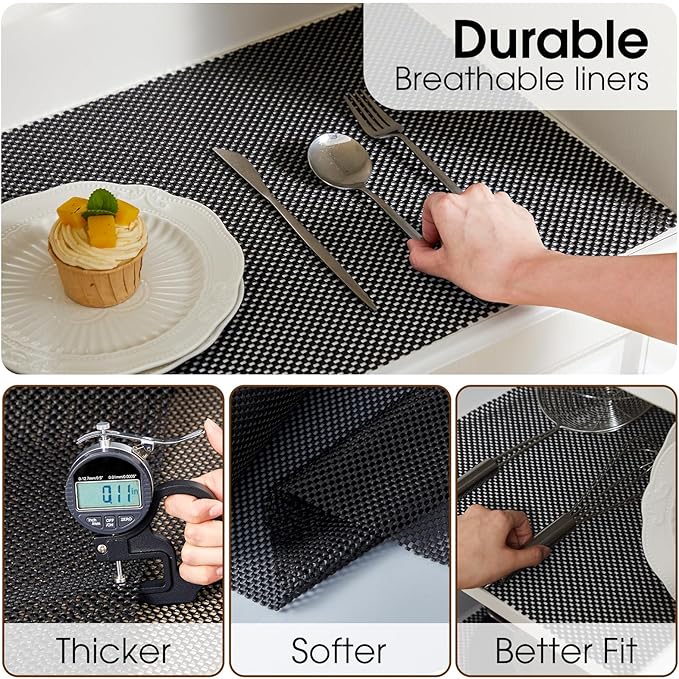 ALIUNI Shelf Liner for Kitchen Cabinet, Drawer Liners Non Slip Non Adhesive Thick Mat, Breathable Dresser Pantry Bathroom Protector, Black, 18" x 240"