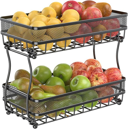 2 Tier Fruit Basket Countertop for Kitchen, Vegetable Bread Bowl Storage Stand - Detachable Metal Rectangular Wire Basket, 14-Inch Antique Black