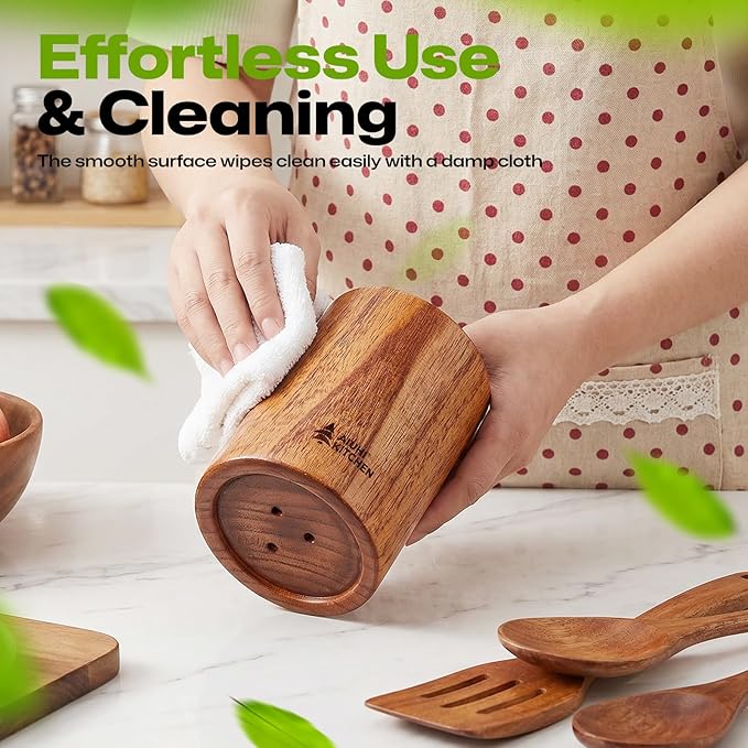 AIUHI Wood Utensil Holder for Kitchen Counter, Wooden Utensil Crock, Kitchen Utensil Organizer, 5.1"x 3.5" Large Spatula and Spoon Holders