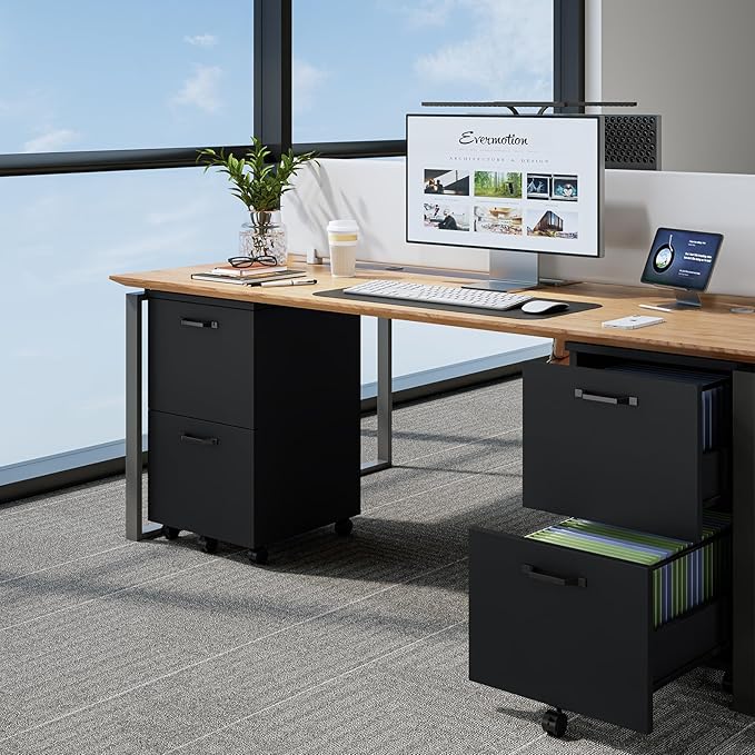 Sweetcrispy 2 Drawer Filing Cabinet Black, Rolling Wood File Cabinets with Printer Stand Under Desk Storage Lockable Wheels, Home Office Organizer for A4 Letter Legal Size Documents