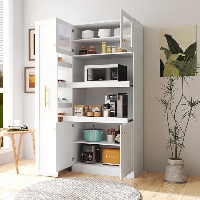 70.87" Tall Kitchen Pantry Cabinet with 7-Tier Pull-Out Shelf, Glass Doors, Countertop & 4 Doors, Freestanding Wood Hutch Cupboard for Dining Room, Coffee Bar, or Kitchen Storage, White