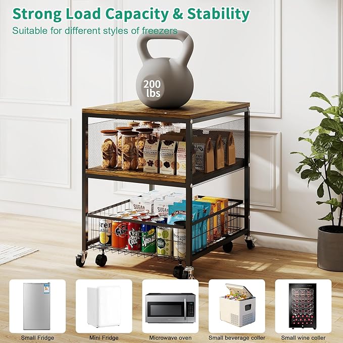 Hadulcet 3-tier Mini Fridge Stand with Storage Basket - Rolling Mini Fridge Cabinet with Wheels, Heavy Duty 21"L* 21"W Fridge Cart, Sturdy Metal Frame, for Home, Apartment, Office, Dorm, Rustic Brown