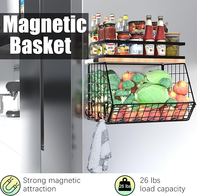 Uninol Magnetic Spice Rack for Refrigerator, Fruit, Potato & Onion Storage Bin,Large Capacity Magnetic Shelves for Side of Refrigerator, Kitchen Organizers and Storage Countertop,2 Pack Black