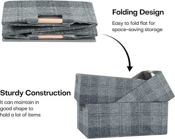 Fabric Storage Bin Box Collapsible Cotton Linen Storage Cube with Wooden Handles Rectangular Decorative Home Organizer Clothes Blanket Basket– Dark Gray Plaid, Large