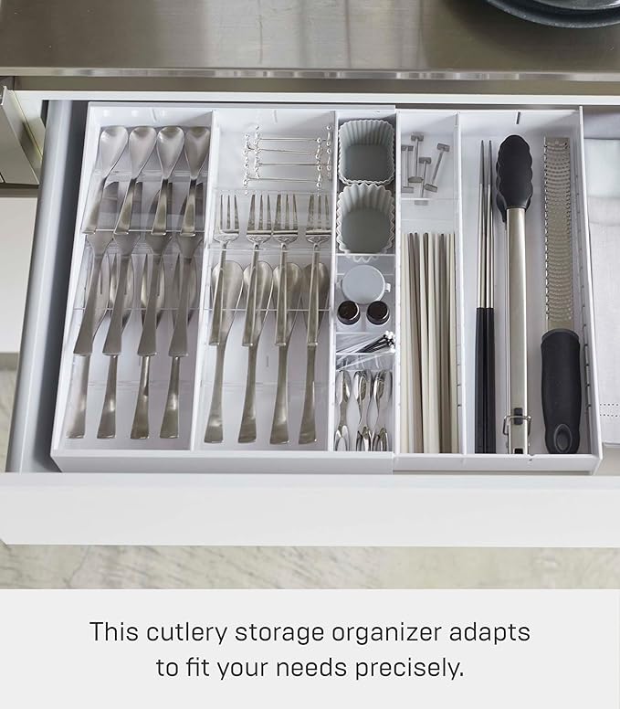 YAMAZAKI Home Tower Expandable Cutlery Kitchen Angled Utensils Storage Silverware Organizer Compact Drawer Insert Tray - Abs Plastic