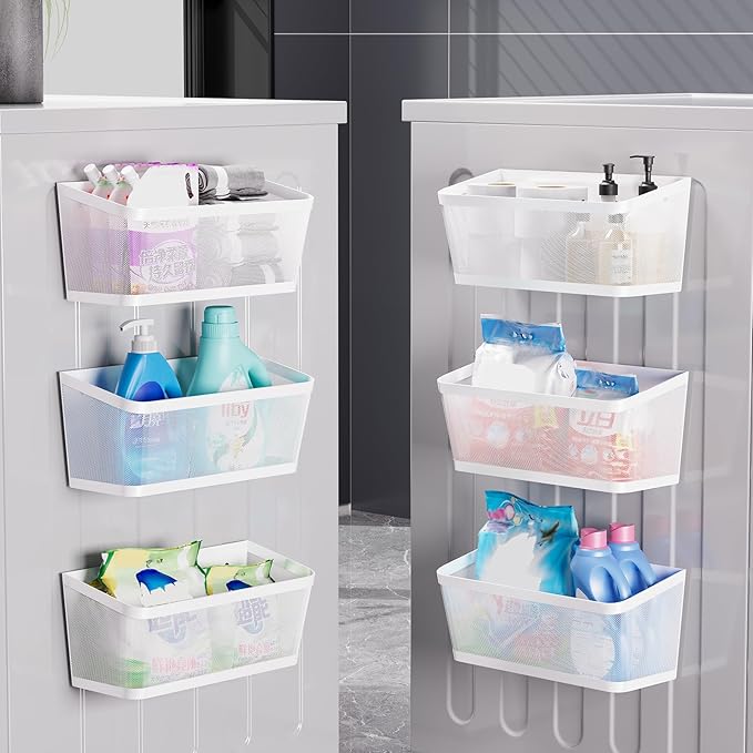 2-Pack Magnetic Shelves for Washing Machine, Heavy Duty Mesh Magnet Basket Organizer for Laundry Room Organization, Multi Metal Storage Shelf and Refrigerator Spice Rack Holder (White, Large)