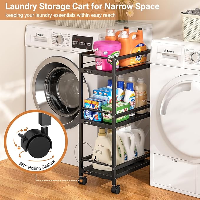 Expandable Slim Storage Cart for Small Space, 3-Tier Metal Rolling Kitchen Cart, Adjustable Narrow Laundry Cart, Small Shelving Unit with Wheels, Ideal for Kitchen Bathroom Laundry Room Living Room