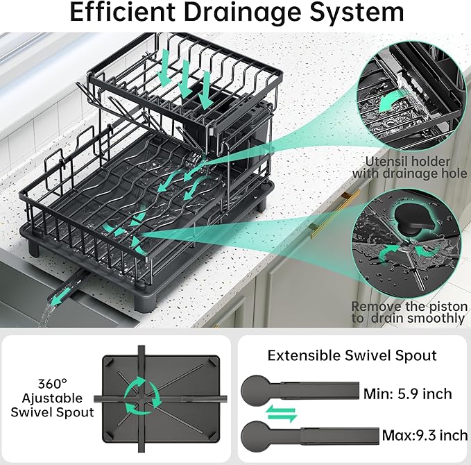 Dish Drying Rack, 2 Tier Dish Racks for Kitchen Counter, Compact Drying Rack Kitchen, Rust-Resistant Dish Drainer, Detachable Space-Saving Dish Rack with Drainboard, Utensil Holder, Black