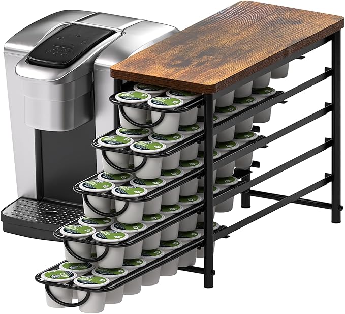 HFHOME Coffee Pod Holder with Wooden Top, Compatible with K-Cups, 5-Tier Coffee Capsule Storage Drawer, 70 Capacity Pods Organizer with 3 Mug Holders, for Home, Office, Kitchen Counter, Black