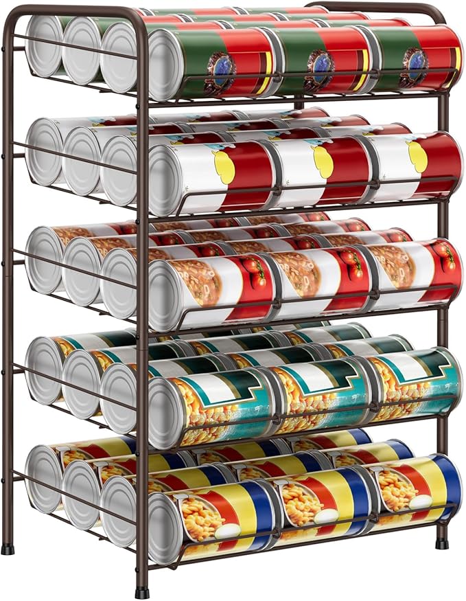 smusei Can Holders Organizer for Pantry 5-Tier Can Storage for Pantry Shelf Hold up to 60 Cans with Rack Dispenser for Countertop Kitchen Shelf, Soda Drinks, Rustic Brown