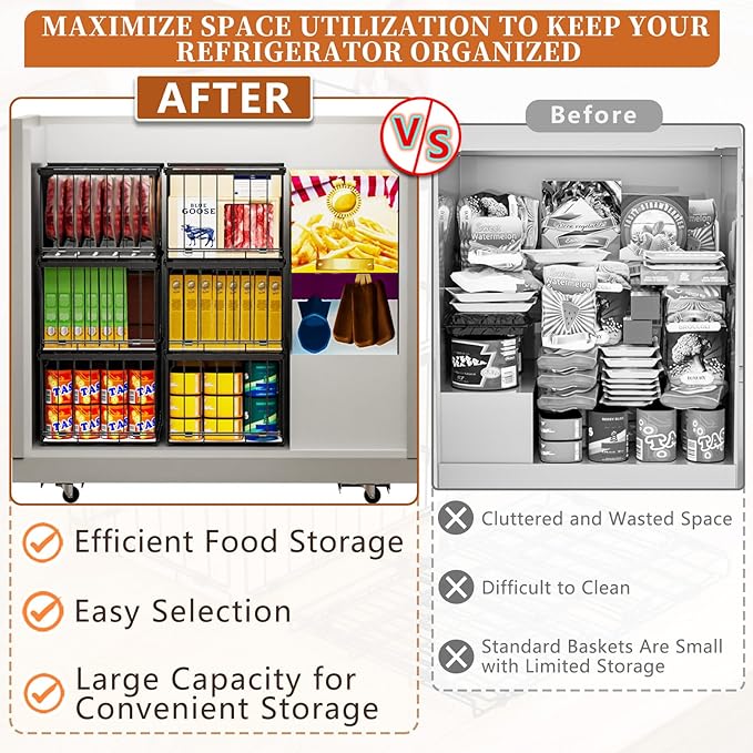 Large Freezer Organizer Bins, Upgrade One-Touch Open/Close, 4 Pack Big Stackable Deep Freezer Organizer Bins, Black Wire Foldable Baskets with Handles, for 5 to 7 Cu.FT Deep Freezer Sort Frozen Meats