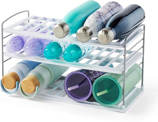 YouCopia UpSpace Water Bottle and Travel Mug Cabinet Organizer, Adjustable Storage Rack for Kitchen Organization, 3-Shelf Wide
