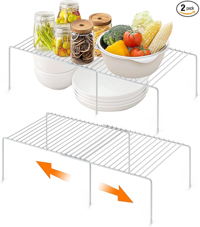 Ravinte 2 Pack Freezer Shelf Organizer, Expandable Cabinet Storage Shelf with Rustproof Metal Wire, Adjustable Kitchen Cabinet Organizer Spice Rack for Frige, Pantry, Cupboard, Countertop - White