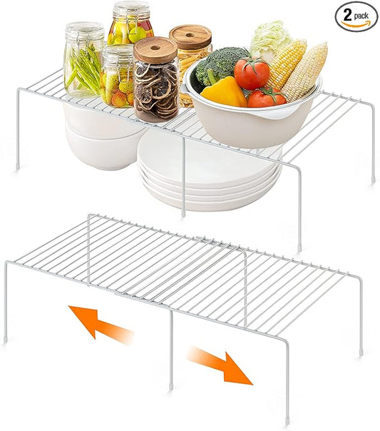 Ravinte 2 Pack Freezer Shelf Organizer, Expandable Cabinet Storage Shelf with Rustproof Metal Wire, Adjustable Kitchen Cabinet Organizer Spice Rack for Frige, Pantry, Cupboard, Countertop - White