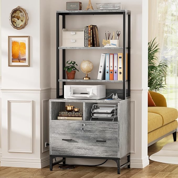 Homieasy File Cabinet with Charging Station, Vertical Filing Cabinet with Lock & Large Drawer, Printer Stand with Storage Shelves, Office Storage Cabinet fits Letter/A4/Legal Size, Light Oak