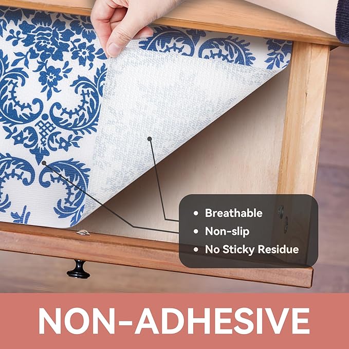 RAY STAR Shelf Liner, 12 Inch x 30 Feet Non Adhesive Vintage Navy Blue Floral Kitchen Cabinet Liner for Pantry Drawer Vanity, Strong Grip Non Slip, Shelf Liners for Kitchen Cabinets Cupboard