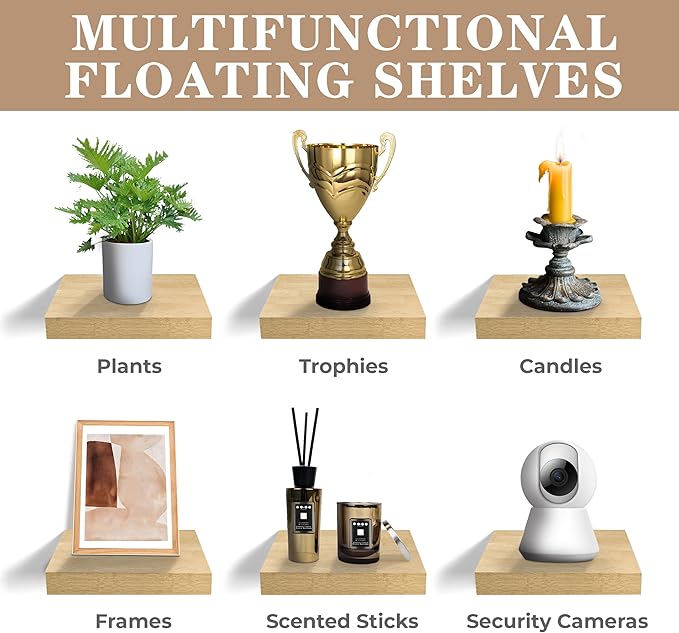 Sorbus Floating Shelves — Hanging Wall Shelves Decoration — Perfect Trophy Display, Photo Frames (Maple Wood)