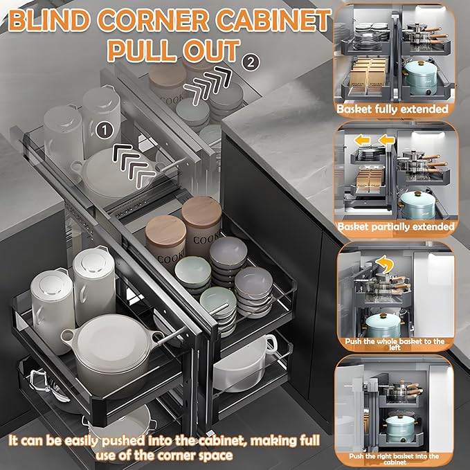 Blind Corner Cabinet Pull Out Organizer, 2-Tier Pull-Out Organizer with 13 Baskets, Corner Pull Out Cabinet with Sliding Design, Left Open & Right Open Compatible
