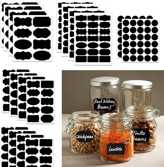 Fssqii 256 Kitchen Blank Chalkboard Labels for Jars Bottles Containers, Waterproof Reusable Removable Different Size Black Labels Stickers for Home Kitchen Pantry Food Spice Storage, Office (Black)