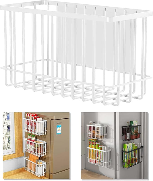 LIFEFAN Magnetic Refrigerator Organizer Magnetic Basket Kitchen Organizer Metal Ziplock Bag Storage Organizer (White)