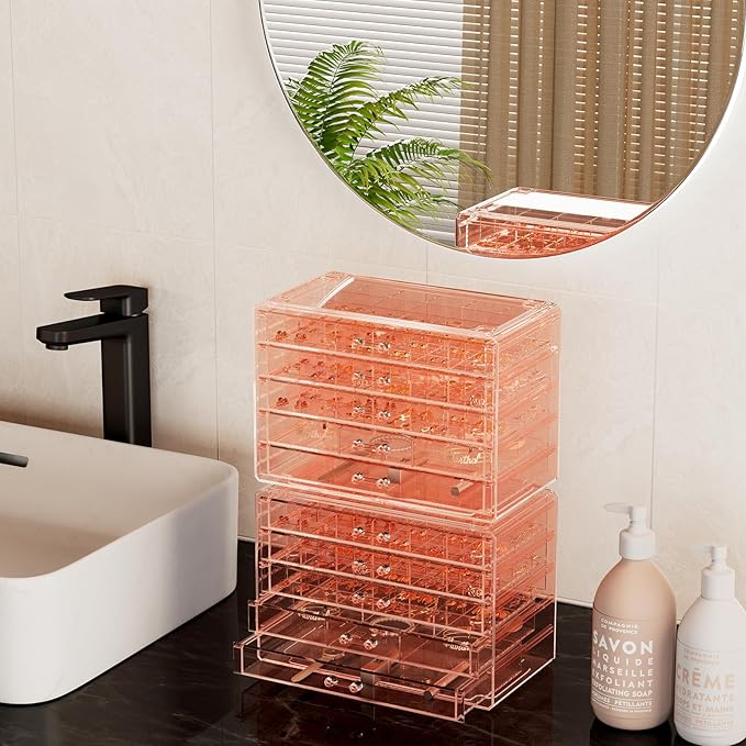 ProCase Acrylic Earrings Holder Organizer Box, Large Clear Earring Jewelry Storage Transparent Stackable Drawers Jewelry Display for Earring Ring Bracelet -Pink, 10 Layers