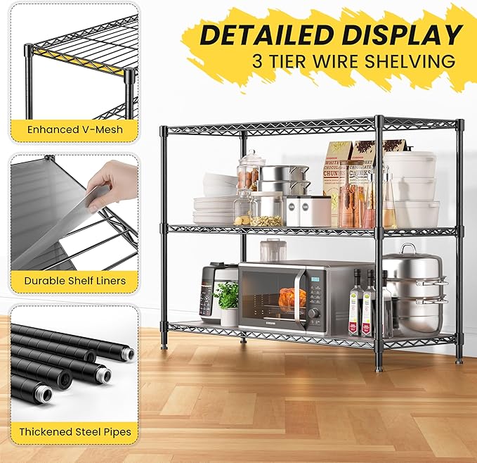 795LBS 3-Shelf Adjustable Storage Shelves 36" W x 14" D x 36" H Metal Shelving Unit Heavy Duty Wire Rack Small Organizer with 3 Shelf Liners for Kitchen Pantry Bathroom Closet Garage Black