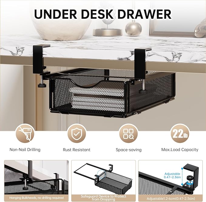 Under-Desk Drawer Slide Out Clamp-On-Desk Shelf for Office Supplies and Books Storage Metal Attachable Table Drawer Fit for Table Thickness 0.47-2.36in (Black, Normal)