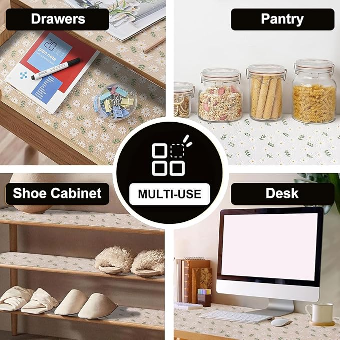 INNOLITES Shelf Liner for Cabinets, 17.7" x 197" Non-Adhesive for Kitchen Drawer Liner, Waterproof Shelf Paper with Floral Pattern, Durable Easy to Clean (Green Daisy)