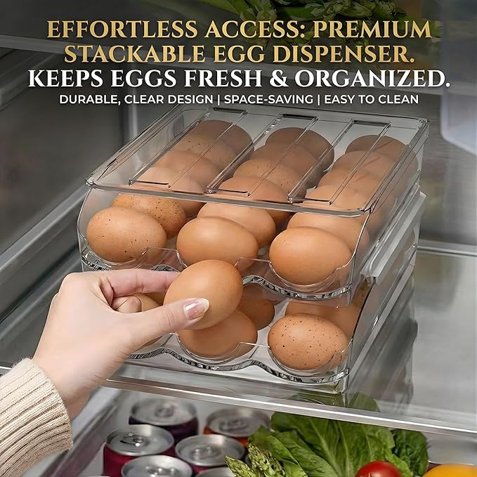 Egg Holder for Fridge, Automatic Rolling Egg Organizer for Refrigerator, Clear Plastic Storage for Refrigerator with Lid, Large Capacity Dispenser, Stackable Container (2 Layers Holder 36 Eggs)